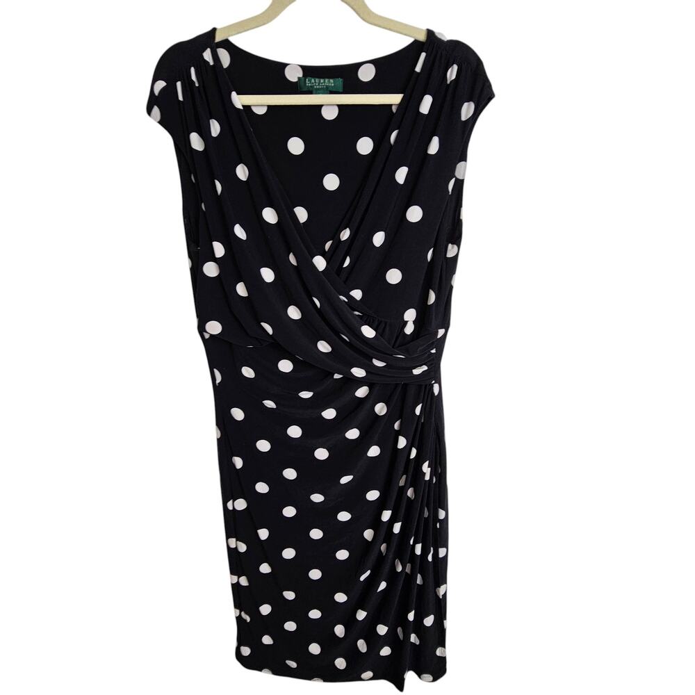 Lauren Ralph Lauren Womens Polka Dot Sheath Dress Sz 16 Classic Stretch Cocktail